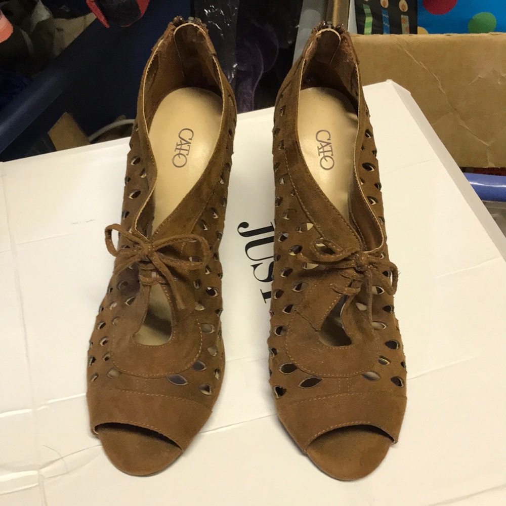 Brown suede open toed heels